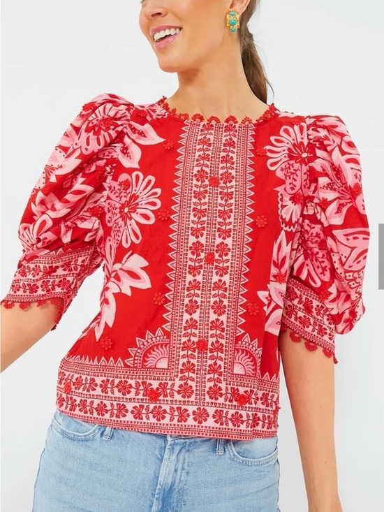 FARM Rio Tops - Red Flora Tapestry Embroidered Puff-Sleeve Top NWT